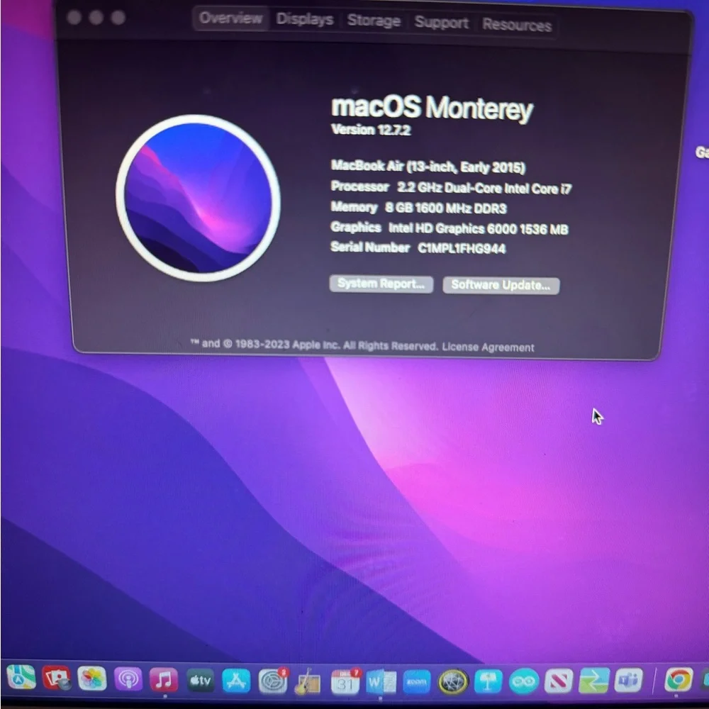 APPLE MACBOOK AIR A1466 13-EARLY-2015 i5-5250U@1.6GHz 8GB RAM 256GB NVMe macOS